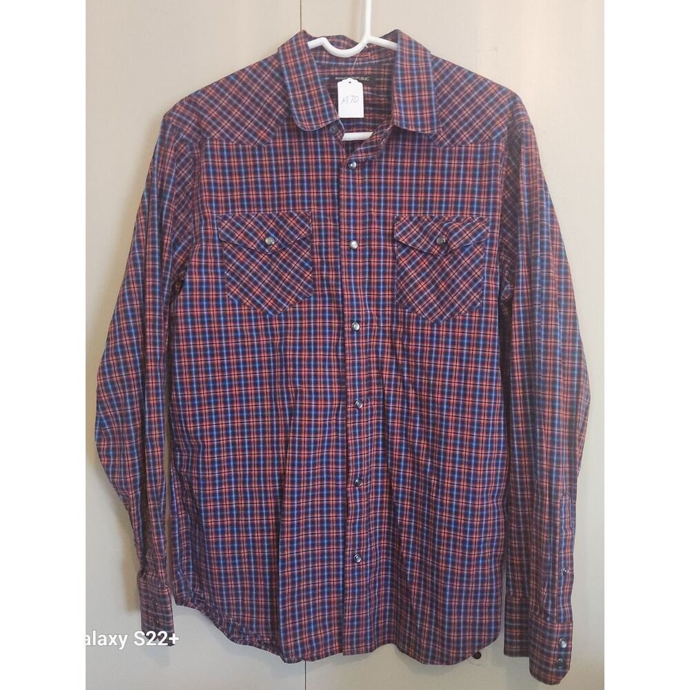 M70 Banana Republic Slim Fit Men's Red & Blue Plaid Western Shirt w Pearly Snaps